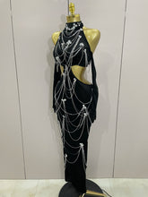 2025 Women Sparkly Diamonds Tassels Chain Balck Sexy Halter Backless Long Dress Evening Birthday Party Celebrate Stage Costume